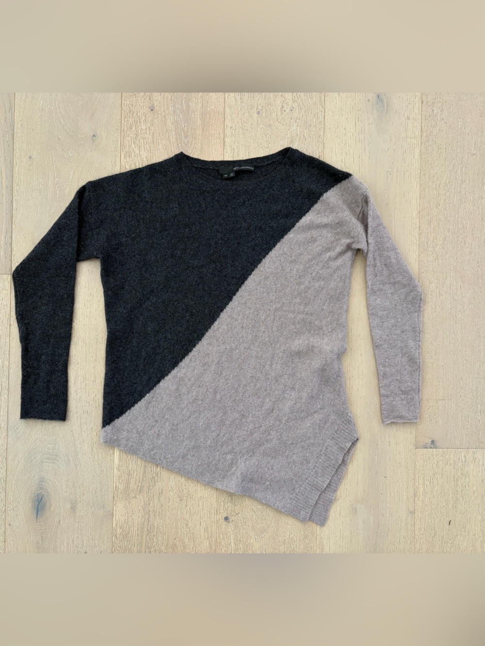 360 Cashmere Taupe and Black Diagonal Colorblock Asymmetrical Crewneck Sweater